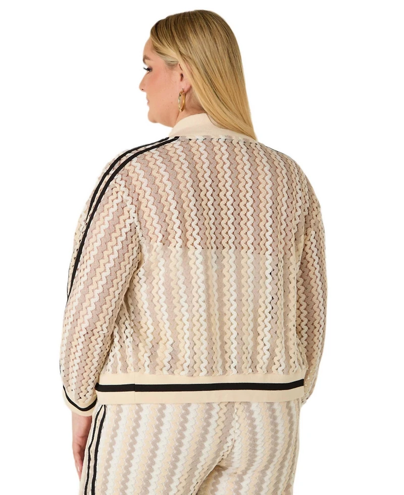 Ashley Stewart Plus Striped Crochet-Knit Bomber Jacket