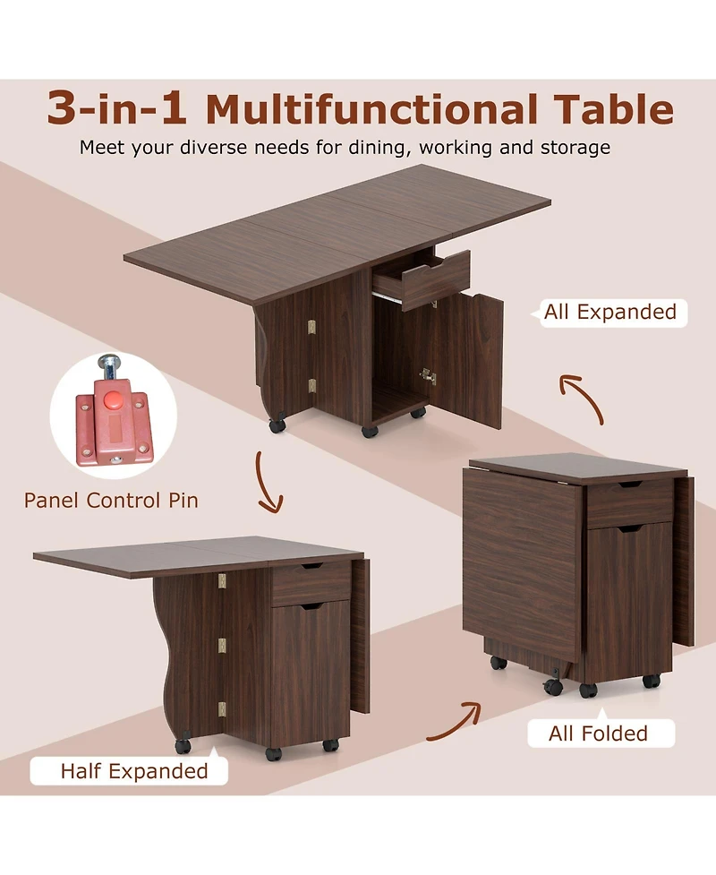 Mecale 3-in-1 Folding Drop-Leaf Dining Table with Drawers and Lockable Wheels