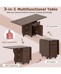 Mecale 3-in-1 Folding Drop-Leaf Dining Table with Drawers and Lockable Wheels