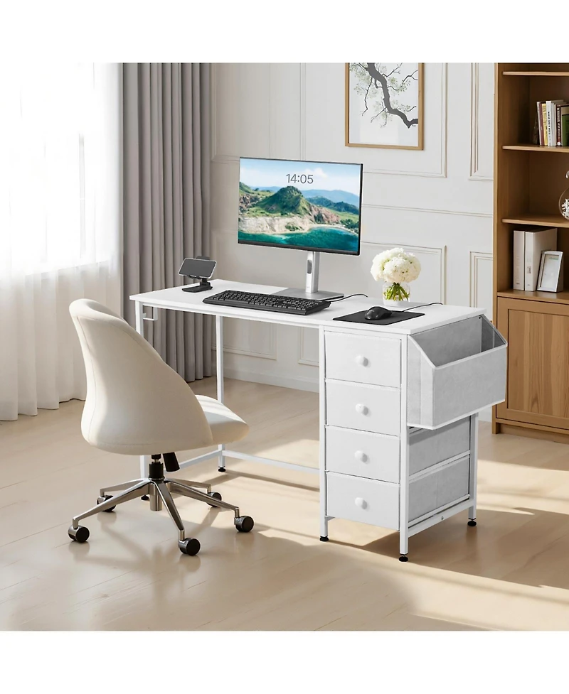 Slickblue Writing Desk with Fabric Storage Drawers, Reversible Computer Table with Steel Frame