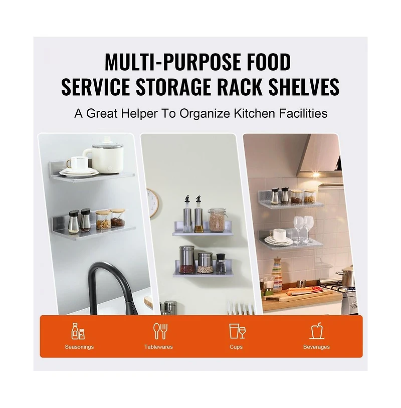 Slickblue Stainless Steel Floating Wall Shelves Set of 2 with Backsplash for Restaurant Kitchen Storage