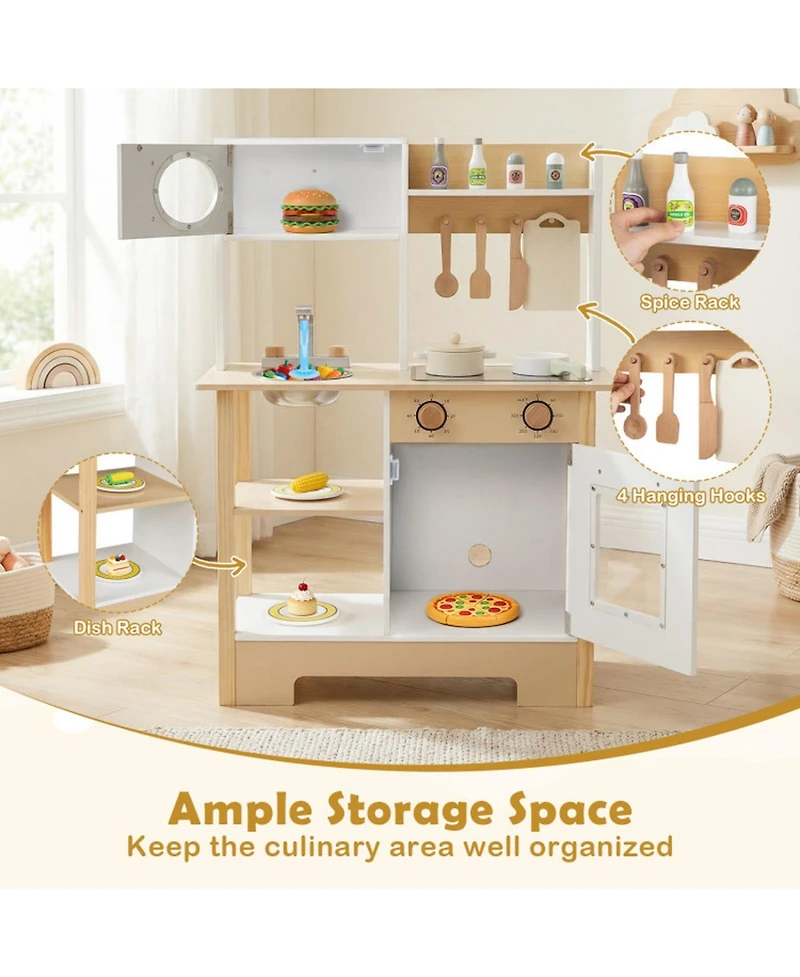 Sugift Wooden Toy Kitchen Playset with Built-In Chalkboard and Stainless Steel Sink, 13-Piece, Ages 3+