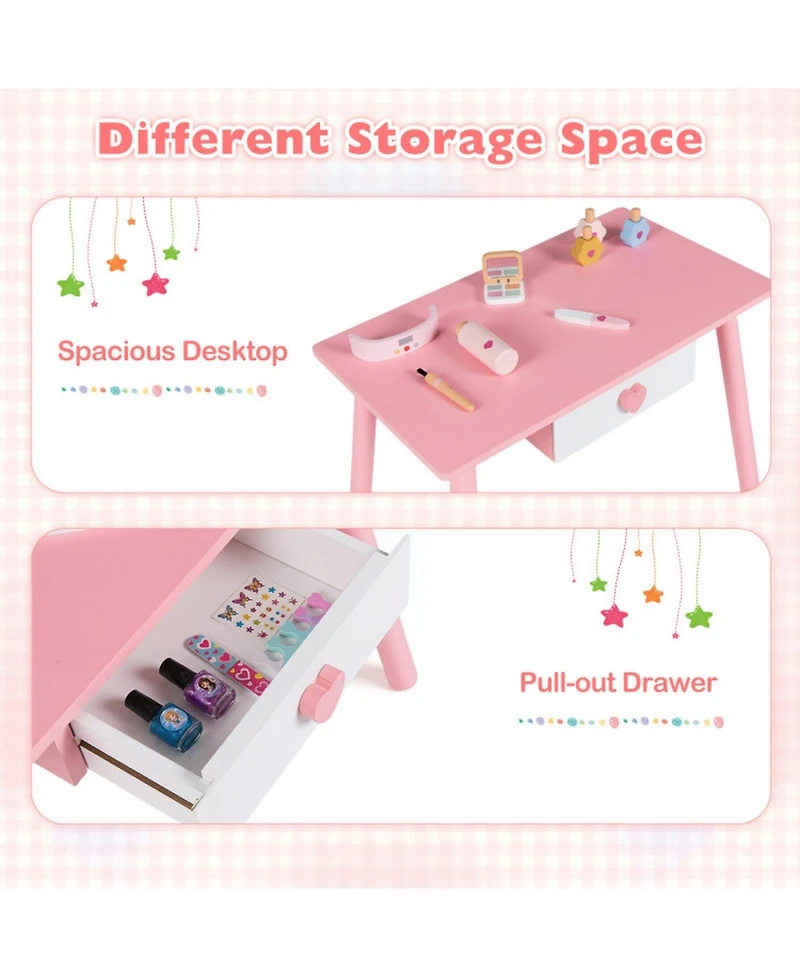 Sugift 2-in-1 Wooden Vanity Table with Chair and Stool Set, Ages 3+