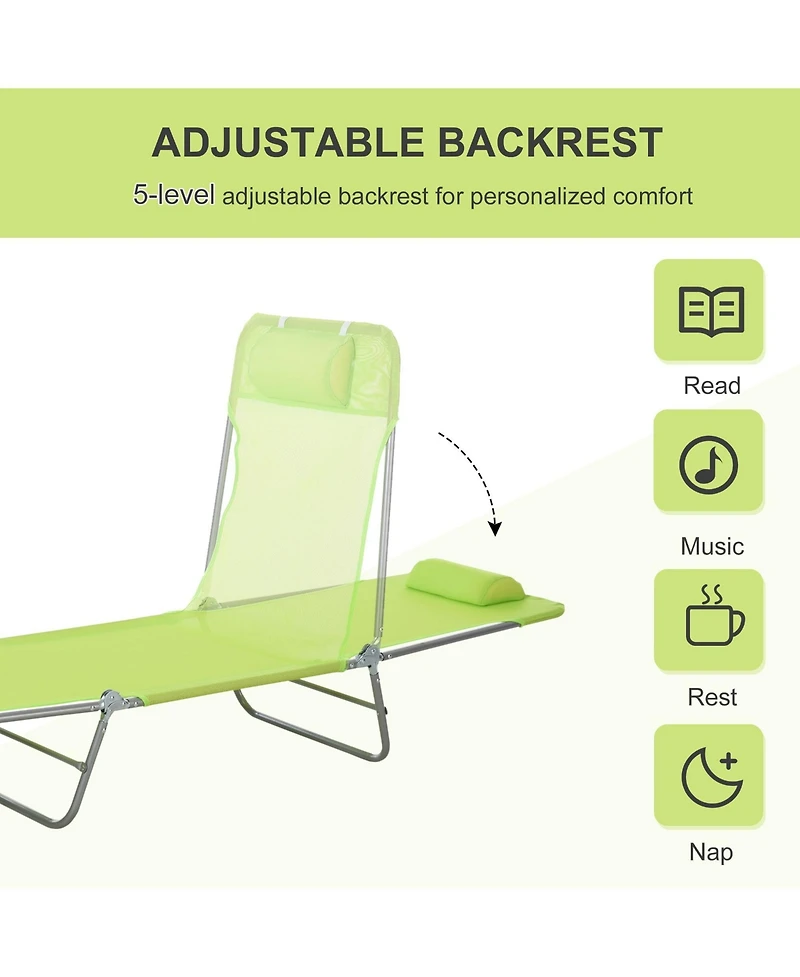 Mountaintop Folding Chaise Lounge Chair, Green, Portable, 6-Level Adjustable Back, Pillow Included, Ideal for Patio, Garden, Beach