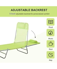 Mountaintop Folding Chaise Lounge Chair, Green, Portable, 6-Level Adjustable Back, Pillow Included, Ideal for Patio, Garden, Beach