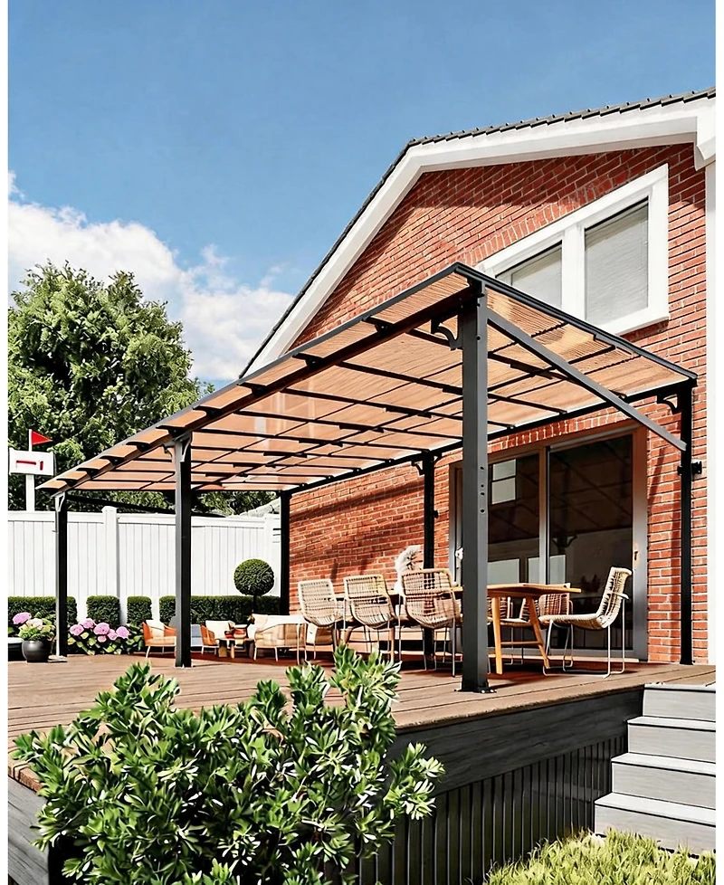 12x20 Ft Wall Mounted Hardtop Gazebo, Aluminum Lean To Pergola with 6mm Polycarbonate Roof, Uv Resistant Outdoor Patio Shelter for Backyard Deck