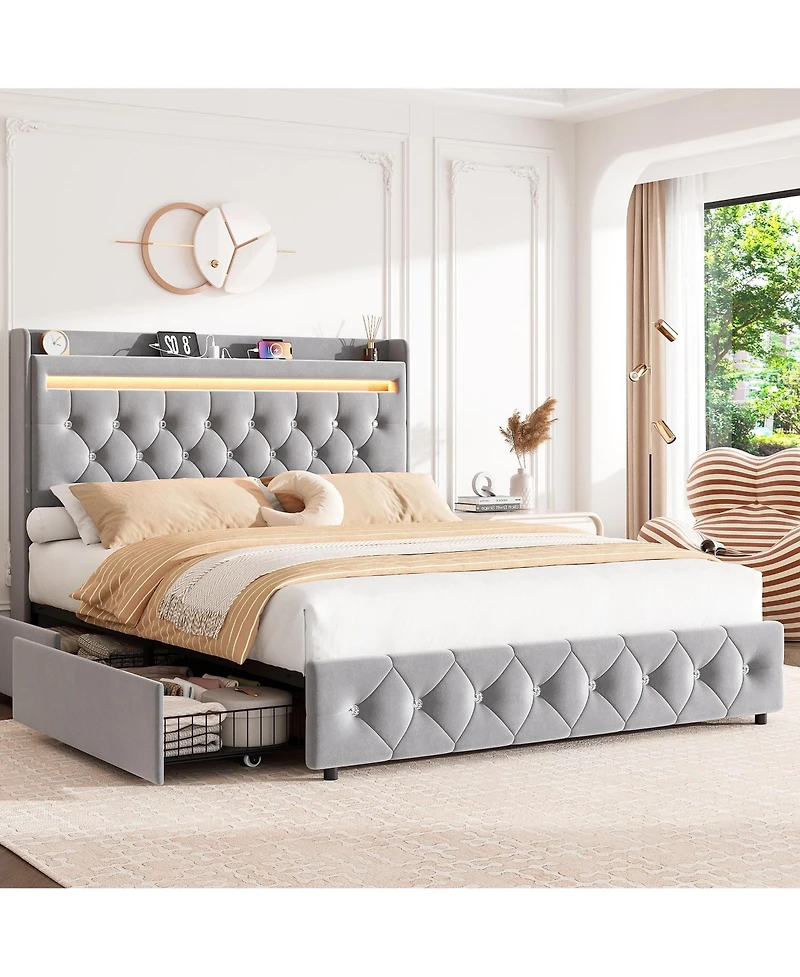 gaomon Upholstered Led Platform Bed Frame with Storage Headboard, Charging Station and Drawers