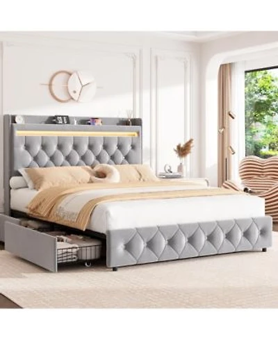 Gaomon Upholstered Led Platform Bed Frame With Storage Headboard Charging Station Drawers Velvet Princess Bed With Rgb Lights For Bedroom