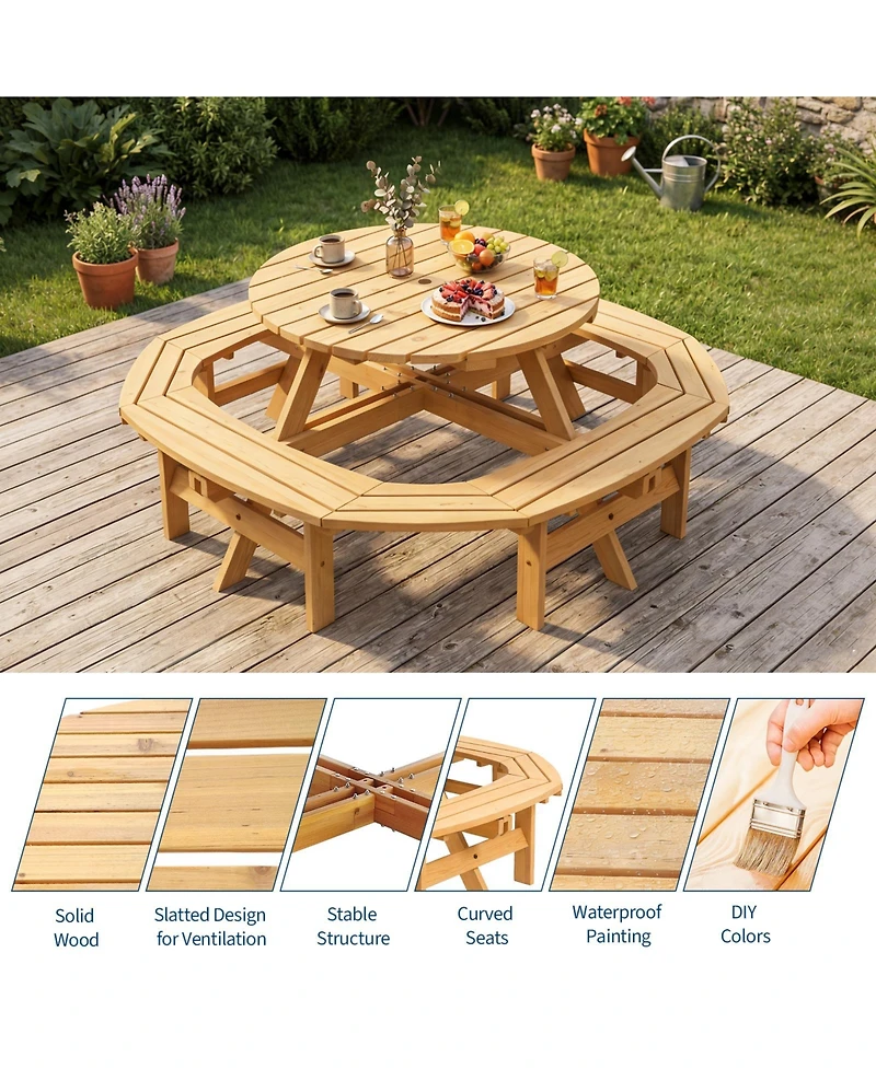 8 Person Wooden Picnic Table, Outdoor Model with 4 Built-in Benches, Circular Dining Set with Umbrella Hole for Garden Patio Backyard