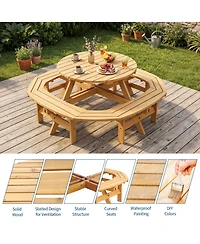 8 Person Wooden Picnic Table, Outdoor Model with 4 Built-in Benches, Circular Dining Set with Umbrella Hole for Garden Patio Backyard