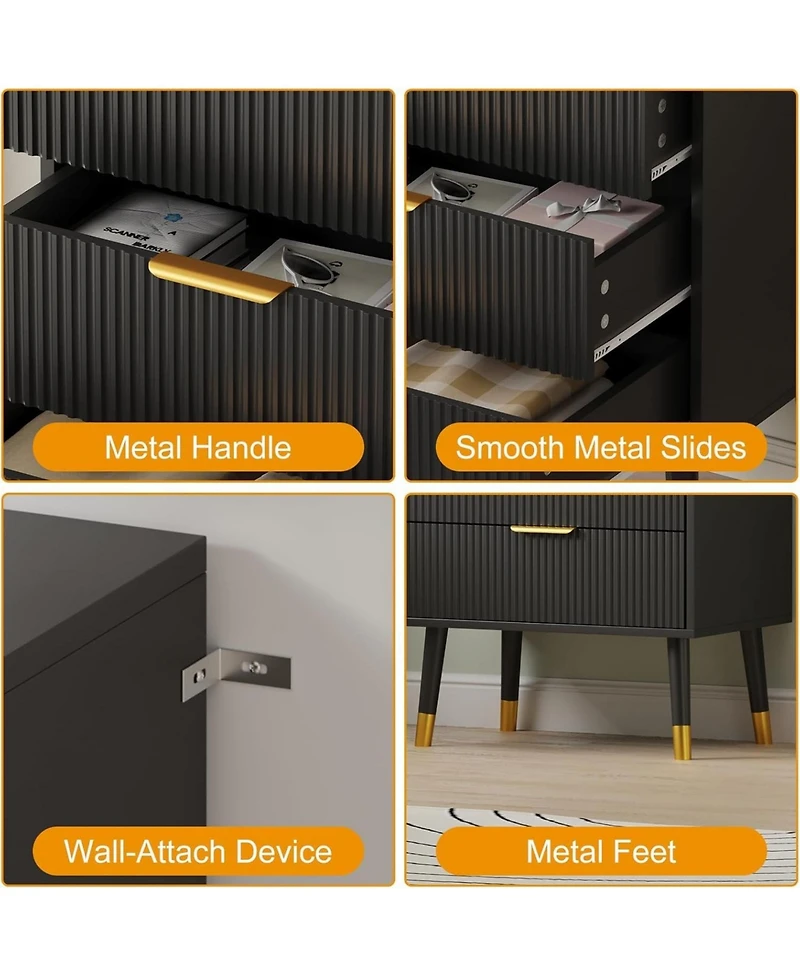 2 Set of Modern 4 Drawer Storage Chests, Compact Cabinet With Grooved Panels And Metallic Pulls, Fit Bedside, Bedroom And Entryway
