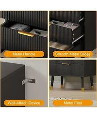 2 Set of Modern 4 Drawer Storage Chests, Compact Cabinet With Grooved Panels And Metallic Pulls, Fit Bedside, Bedroom And Entryway