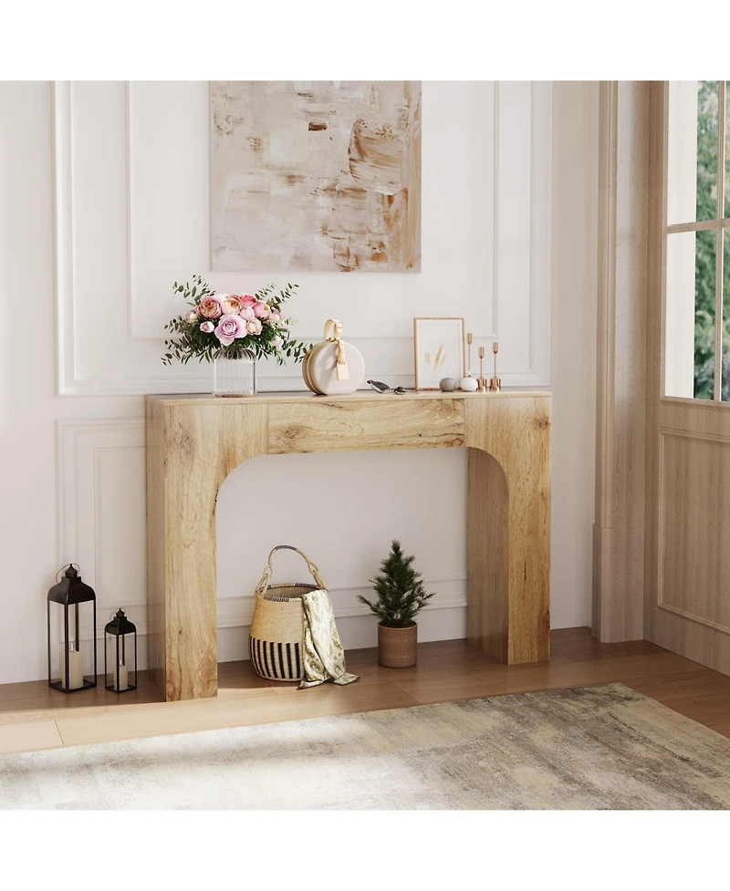 Farmhouse Narrow Console Table with Arched Base, Slim Wood Sofa Table in Oak Finish for Entryway Behind Couch Hallway Living Room