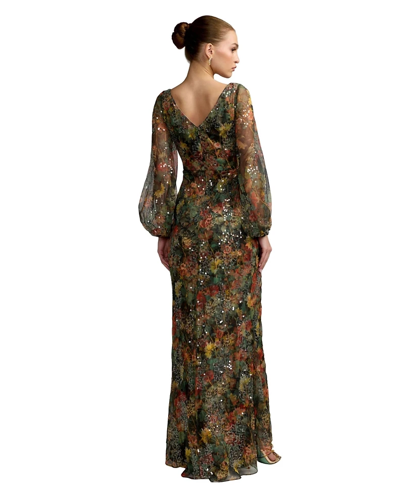 Mac Duggal Women's Floral Print Sequined Puff Sleeve Gown
