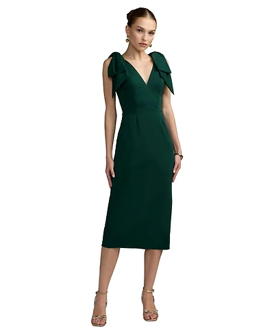 Mac Duggal Petite Statement Bow Shoulder Crepe Midi Dress