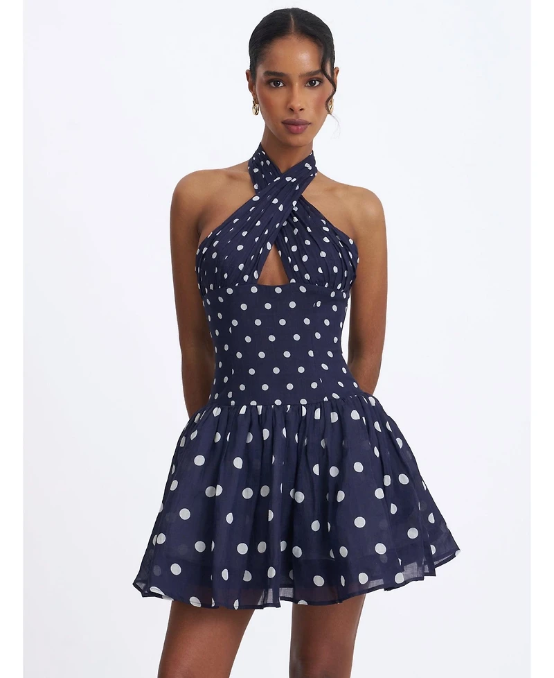 Miss Circle Women's Yamina Navy Polka Dot Ramie Crossover Halter Gathered Mini Dress