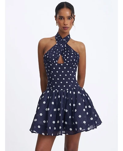 Miss Circle Women's Yamina Navy Polka Dot Ramie Crossover Halter Gathered Mini Dress