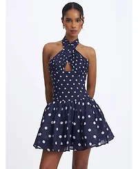 Miss Circle Women's Yamina Navy Polka Dot Ramie Crossover Halter Gathered Mini Dress