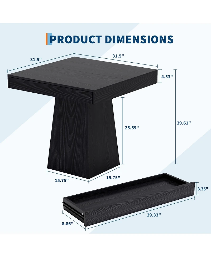 Square Dining Table for 4, 31.5" Engineered Wood Kitchen Table with 2 Storage Drawers, Pedestal Base for Dining Room and Breakfast