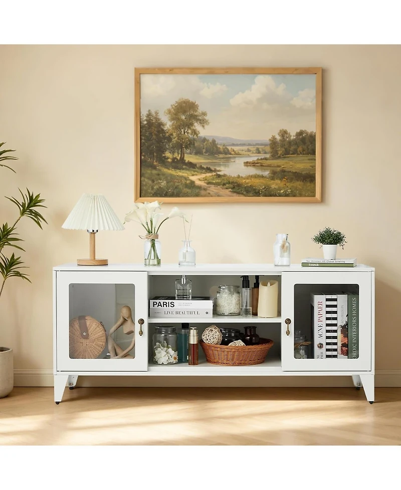 47.3" Modern White Metal Media Console with Glass Doors and Adjustable Shelves