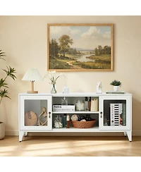 47.3" Modern White Metal Media Console with Glass Doors and Adjustable Shelves