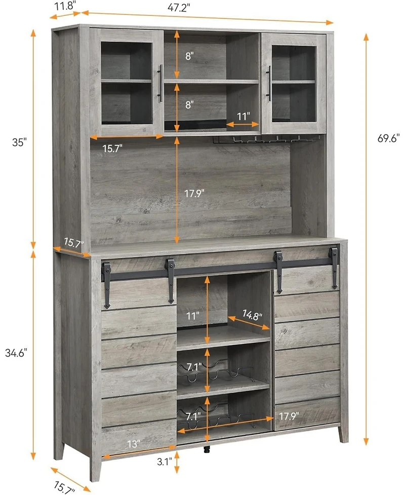 70 in Tall Farmhouse Coffee Bar Cabinet, Kitchen Hutch with Sliding Barn Door, Buffet with Wine Rack and Glass Holder for Dining Room, Living Room