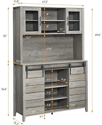 70 in Tall Farmhouse Coffee Bar Cabinet, Kitchen Hutch with Sliding Barn Door, Buffet with Wine Rack and Glass Holder for Dining Room, Living Room