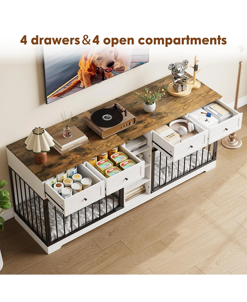 82" Double Dog Crate Furniture with Drawers and Shelves, Heavy Duty Wooden Dog Crate Tv Stand, Large Dog Kennel Indoor for 2 Medium/Large Dogs