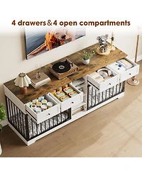 82" Double Dog Crate Furniture with Drawers and Shelves, Heavy Duty Wooden Dog Crate Tv Stand, Large Dog Kennel Indoor for 2 Medium/Large Dogs