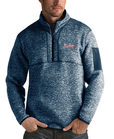Antigua Men's Heathered Navy Atlanta Braves Fortune Half-Zip Sweater