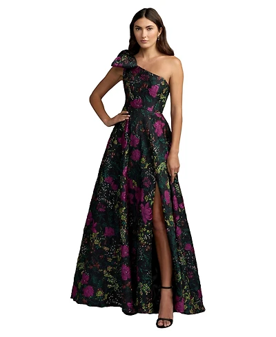 Mac Duggal Women's One Shoulder Floral Brocade Ball Gown with Bow