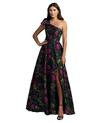 Mac Duggal Women's One Shoulder Floral Brocade Ball Gown with Bow