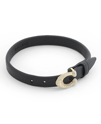 Coach Black Pave Signature C Buckle Leather Bracelet