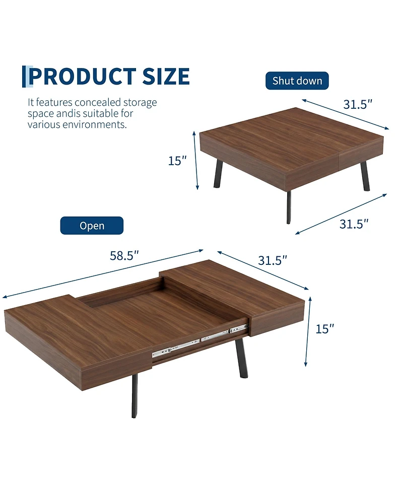 Walnut Coffee Table with Hidden Storage and Sliding Top, Engineered Wood Rectangular Cocktail Table for Living Room Apartment Office
