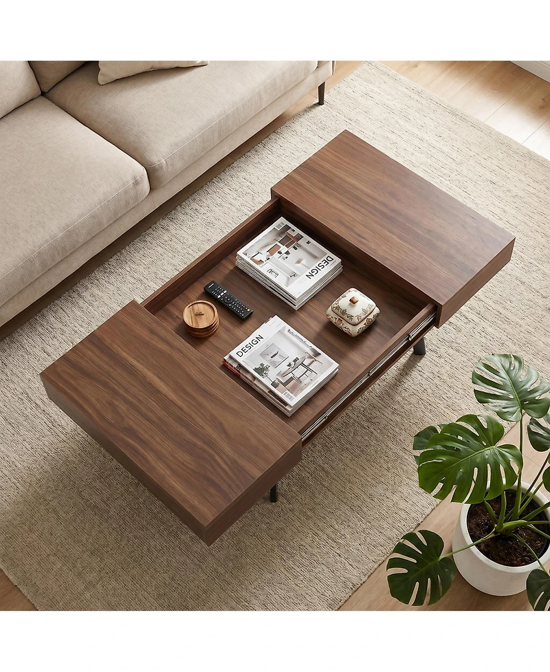 Walnut Coffee Table with Hidden Storage and Sliding Top, Engineered Wood Rectangular Cocktail Table for Living Room Apartment Office