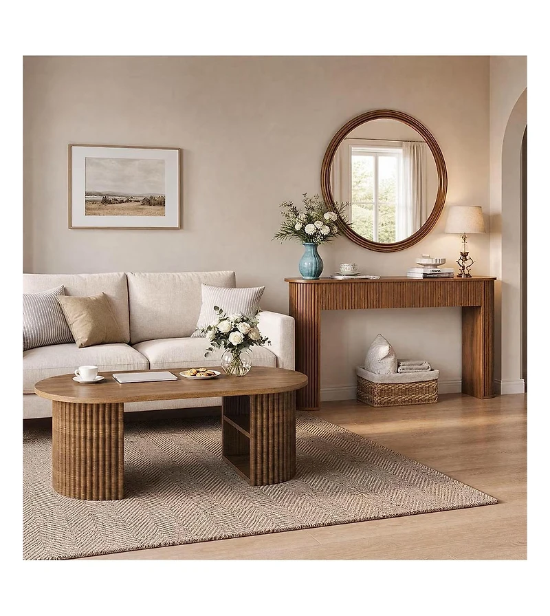 59"Fluted Console Table and 39" Oval Coffee Table 2-Piece Set, Walnut Engineered Wood Modern Furniture for Living Room and Entryway