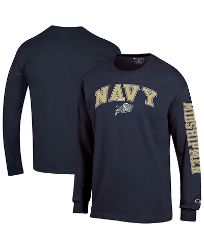 Champion Men's Navy Midshipmen Arch Over Logo 2-Hit Long sleeves T-Shirt