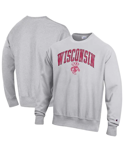Champion Men's Gray Wisconsin Badgers Distressed Arch Over Logo Reverse Weave Crew Neck Sweatshirt