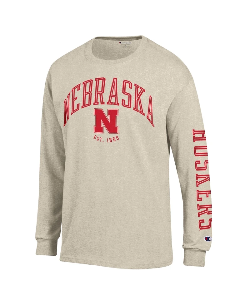 Champion Men's Heather Oatmeal Nebraska Huskers Neutral Arch Long-Sleeve T-Shirt