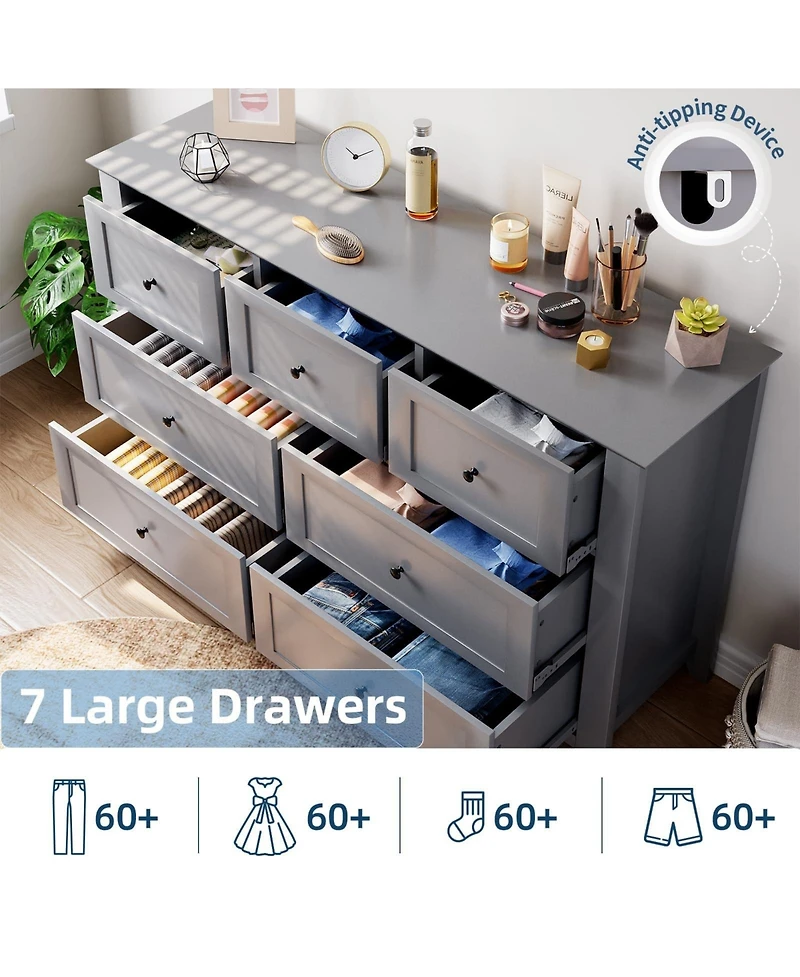 homfan 2 Set of 7 Drawers Dresser for Bedroom, 54" Modern Grey 7 Chest of Drawer Dresser, Storage Organizer with Drawers for Living Room, Hallway