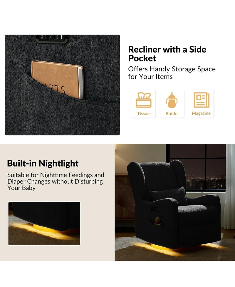 Rosalina Modern Recliner with Built-In Nightlight and Wooden Base