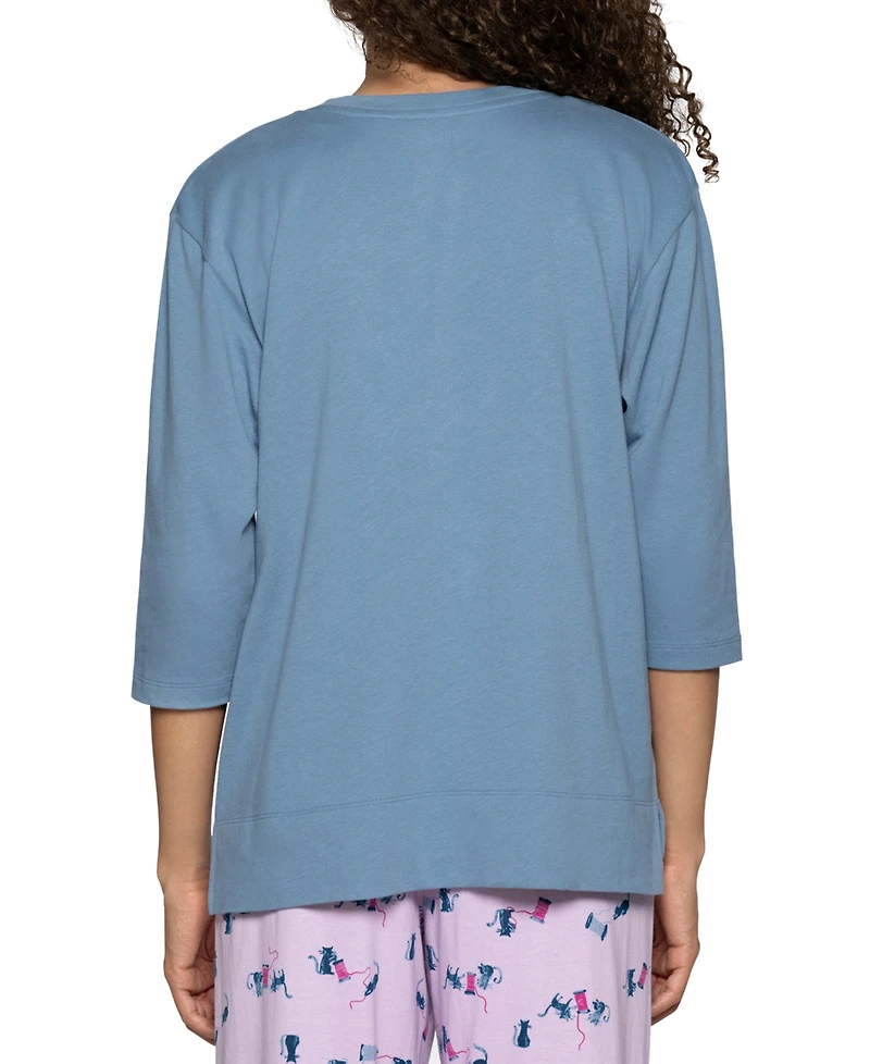 Hue Women's Cotton Candied 3/4-Sleeve Boxy Pajama Tee