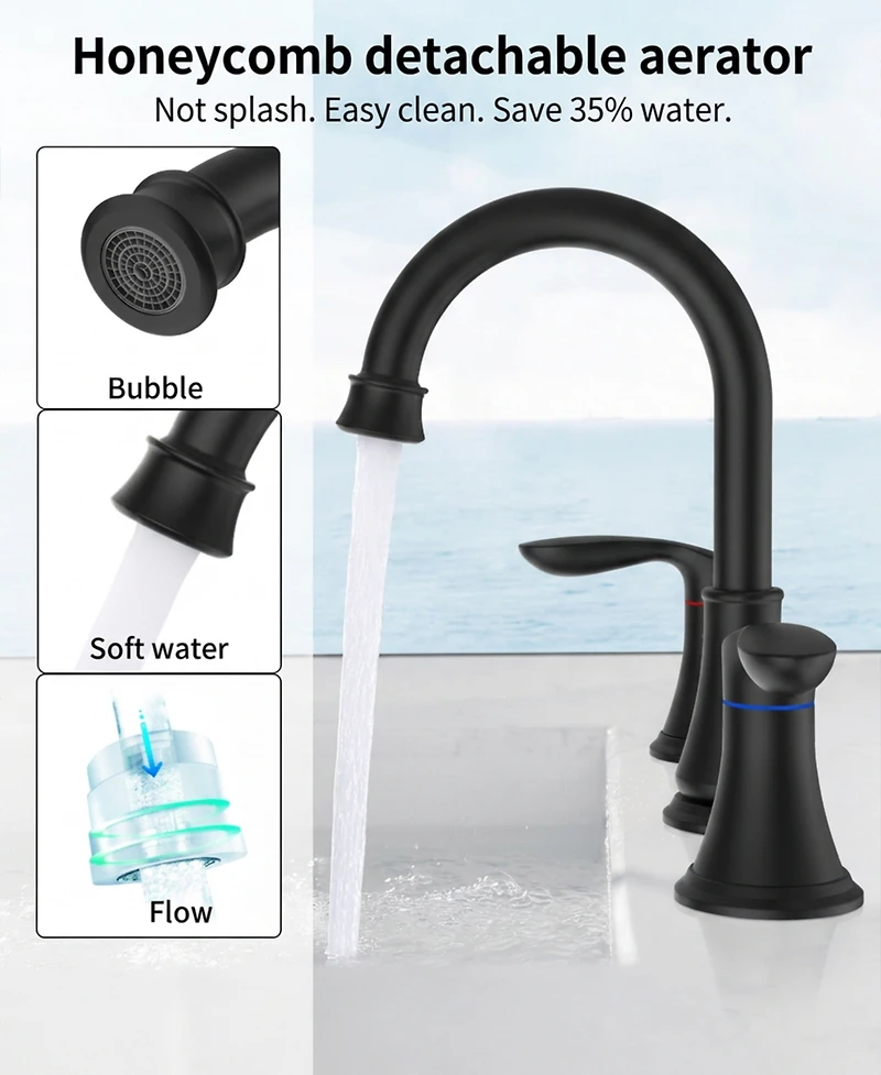 Thirtypeachy Two-Handle Widespread Bathroom Sink Faucet with 360degree(s) Swivel Spout, Ceramic Valve and Pop-Up Drain