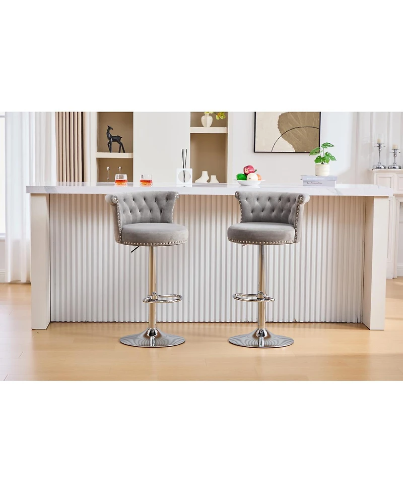 Streamdale Furniture Velvet Swivel Bar Stools Set of 2 with Chrome Nailheads