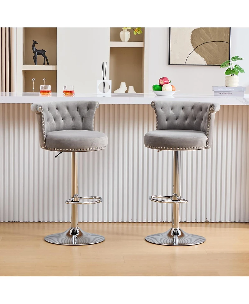 Streamdale Furniture Velvet Swivel Bar Stools Set of 2 with Chrome Nailheads