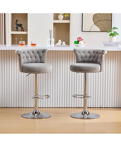 Streamdale Furniture Velvet Swivel Bar Stools Set of 2 with Chrome Nailheads