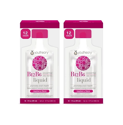 Youtheory Vitamin B12 B6, Daily Energy and Brain Support Supplement, Liquid Raspberry Flavor, 1 Ounce Single Serving Packets, 12 Count Pack of 2