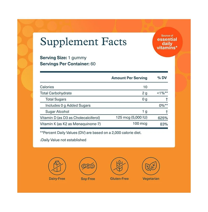 Youtheory K2D3 Bone and Heart Health Support Combines Vitamin D3 and Vitamin K2 Dairy, Soy and Gluten Free Peach, 60 Vegetarian Gummies