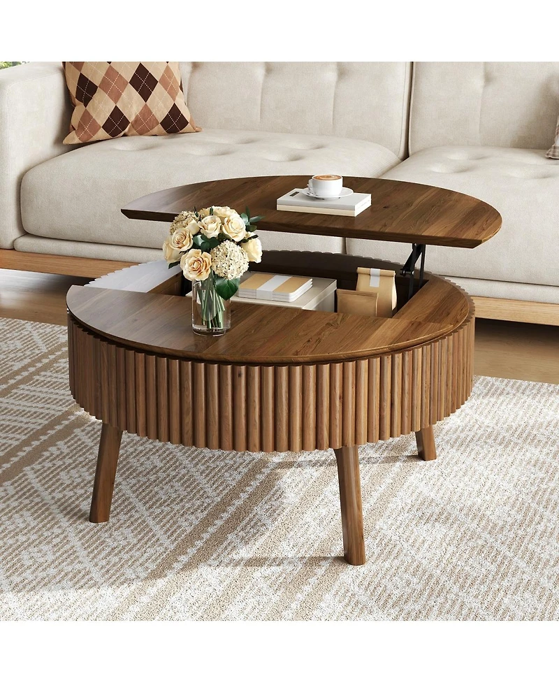 Streamdale Furniture Modern Round Lift-Top Fluted Coffee Table with Hidden Storage, Walnut