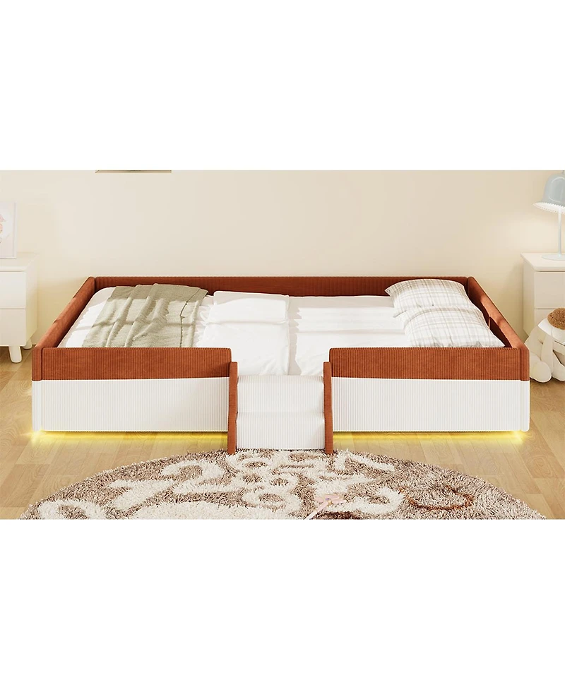 Streamdale Furniture Queen Upholstered Floor Bed with Fence and Led Lights